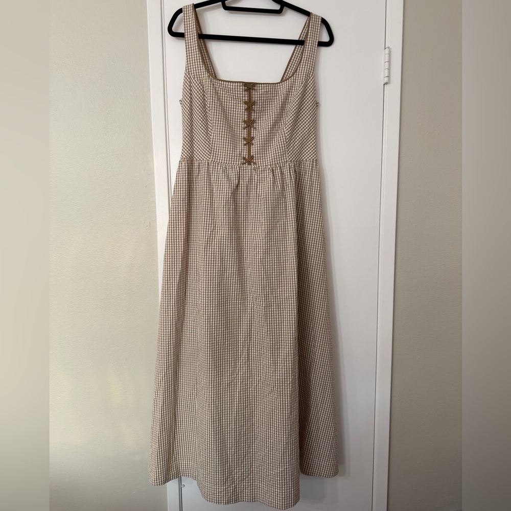 NWT Caroline Constas Beige Gingham Bow Maxi Dress